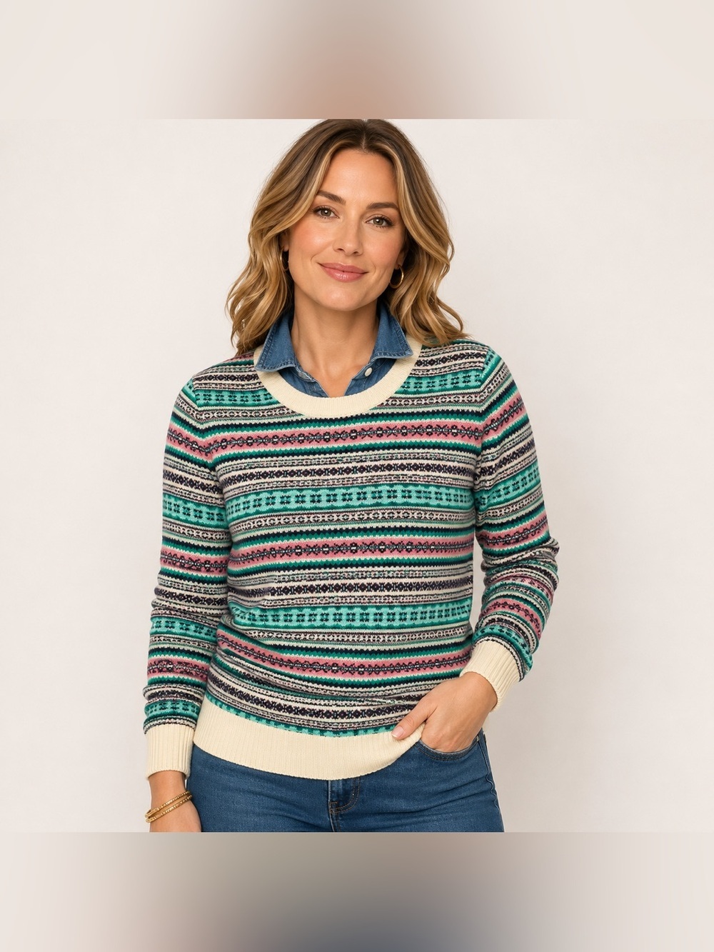 Talbots Sweater Womens Size 2X Fair Isle Lambs Wool Blend New Ivory Pink
